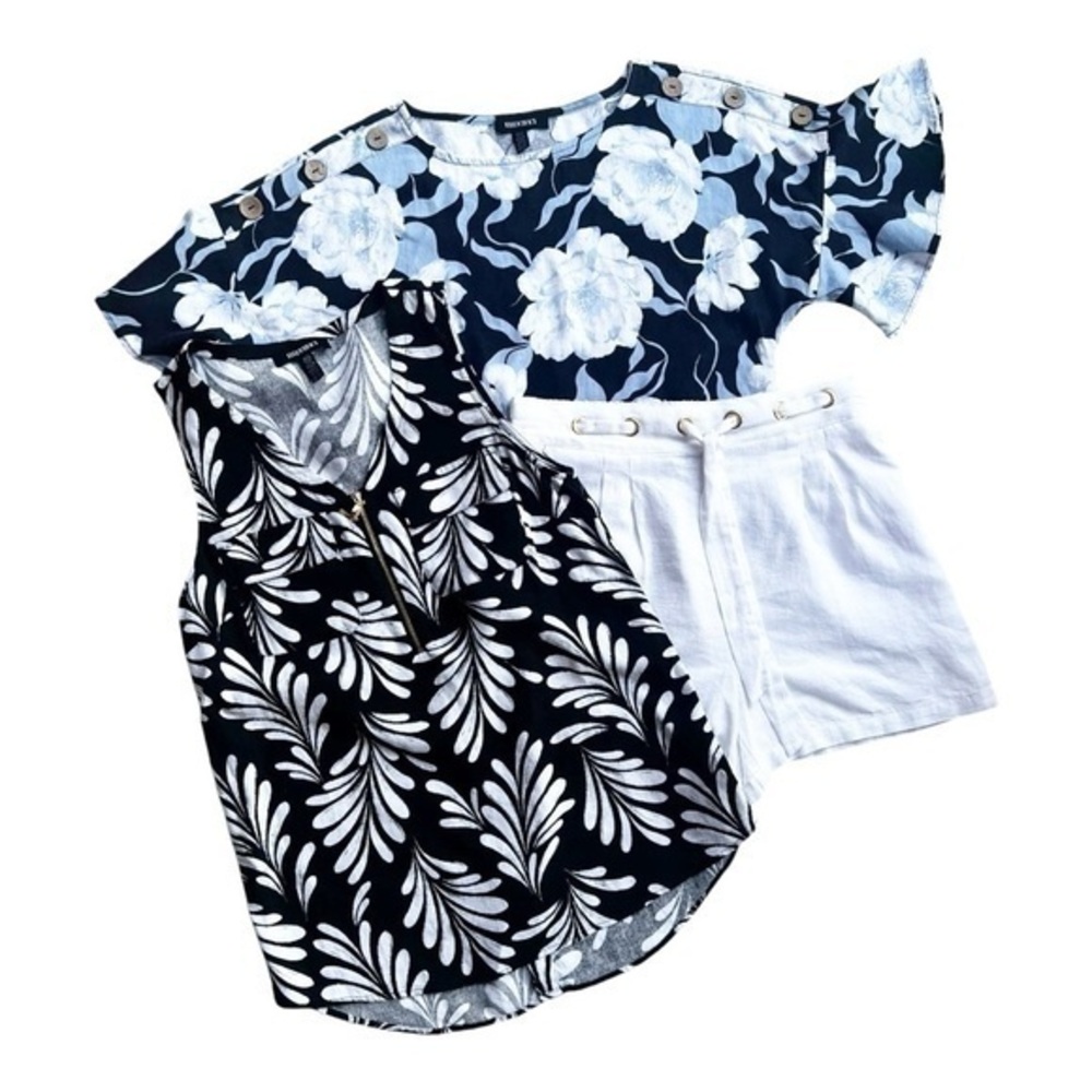 Ellen Tracy 3‎ Piece Linen Set Floral Tops and White Bottom Size Small